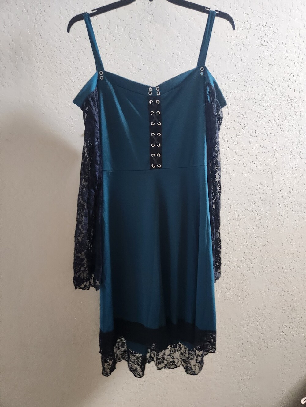 Teal Off-Shoulder Lace Sleeve Dress with Eyelet Detail